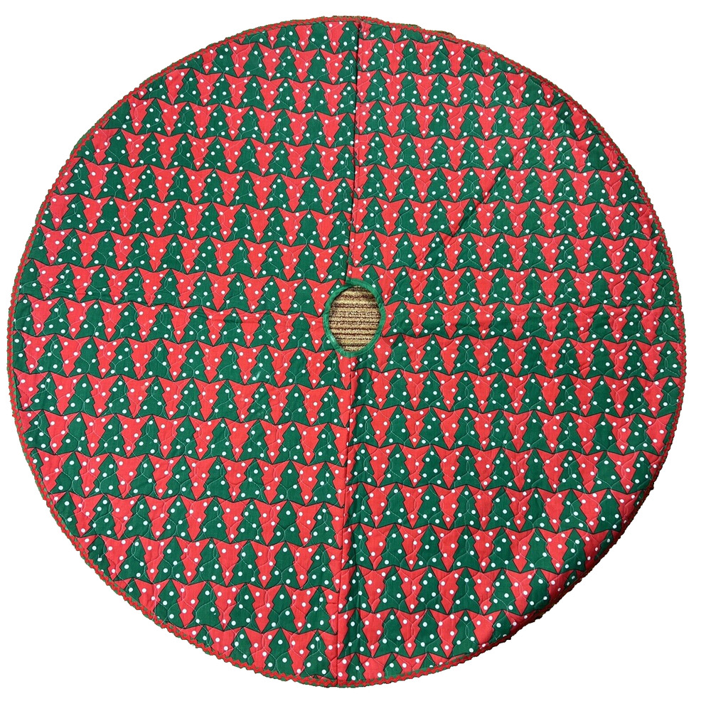 Handmade Quilted Christmas Tree Skirt Red Green White Polka Dot Snow ~ 52" Round